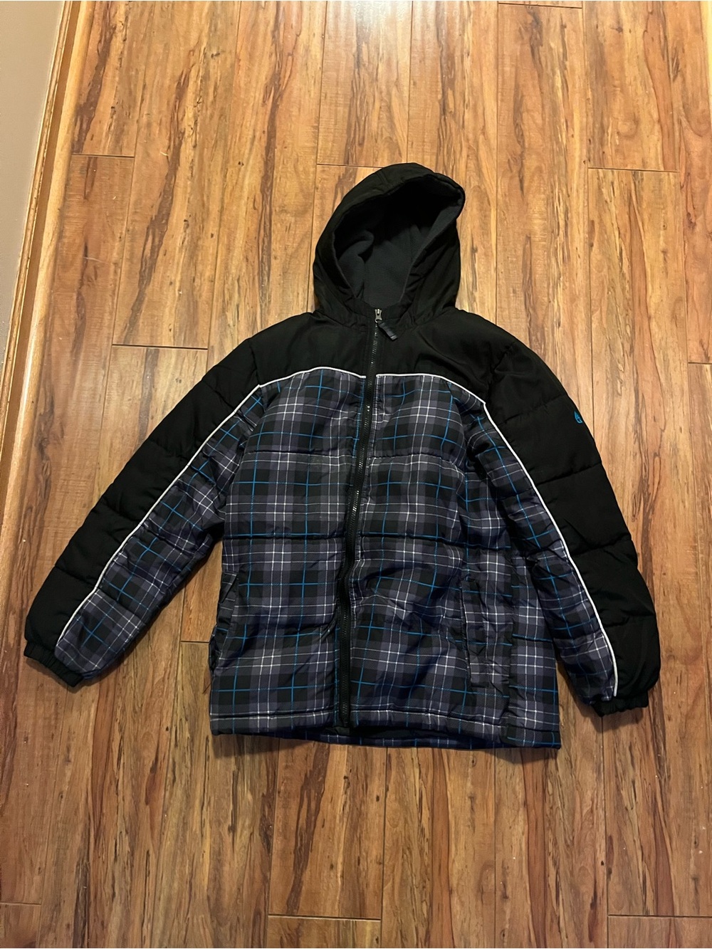 Kids Black Plaid Hooded Puffer Jacket